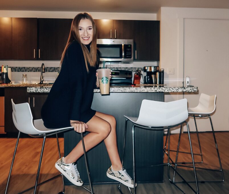 black dress with coffee